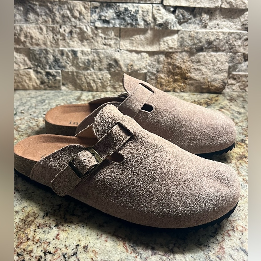 Size 7.5- Intini brand- Womens Suede Clogs  with Cork Footbed and Arch Support